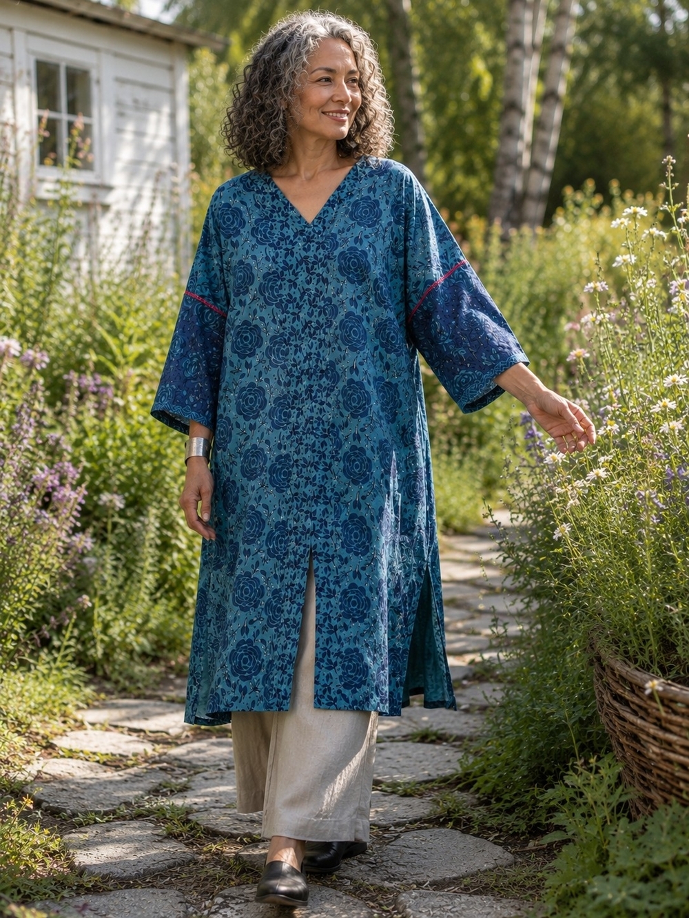 Gudrun Sjödén Roza Organic Cotton Kaftan Dress L Blue Teal Block Print